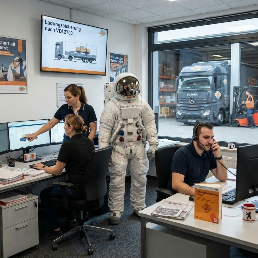 Astronaut im Disponentenbüro einer Spedition, im Hintergrund ein Lkw an der Rampe