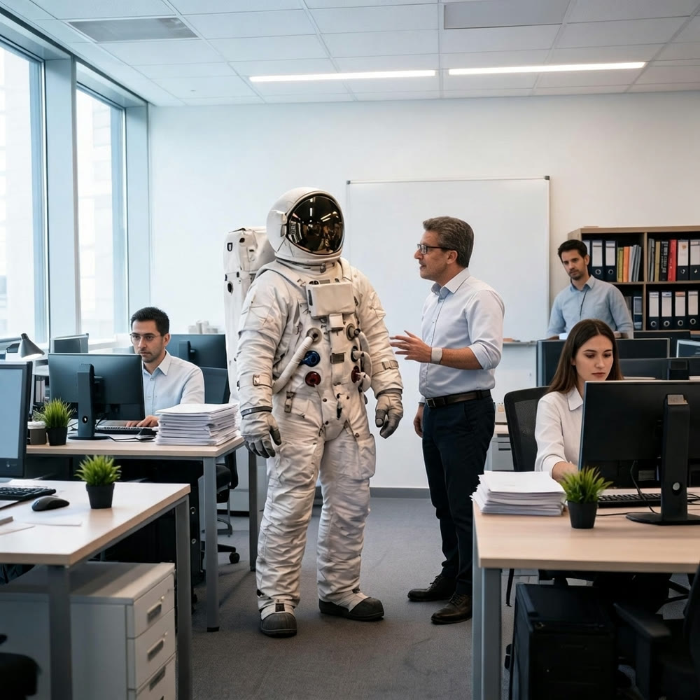 Astronaut im Großraumbüro im Gespräch mit einem Mitarbeiter