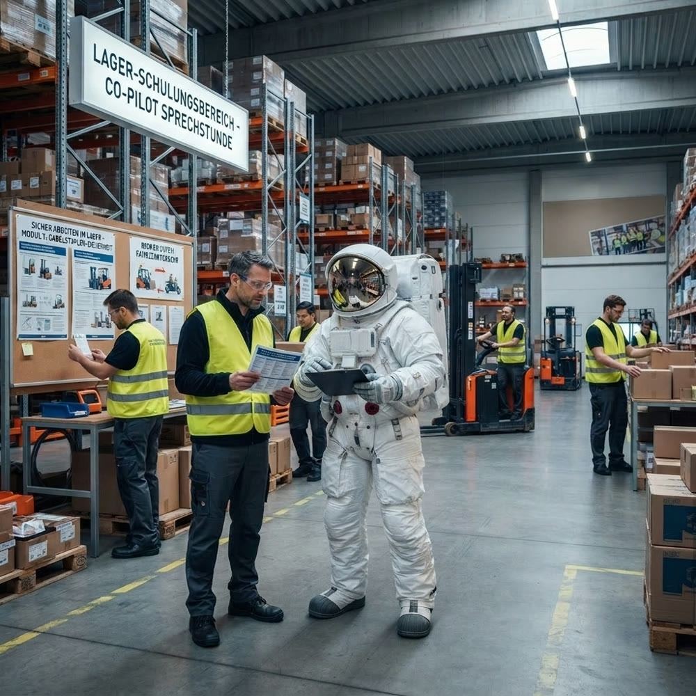 Astronaut mit Tablet in einer Lagerhalle neben Mitarbeitern in Warnwesten und Gabelstaplern