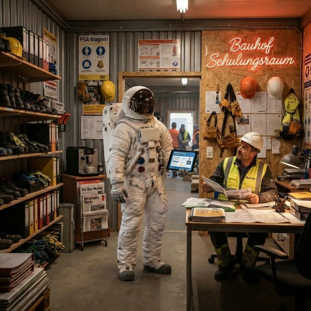 Astronaut im Schulungsraum eines Bauhofs neben einem Bauarbeiter mit Helm und Warnweste